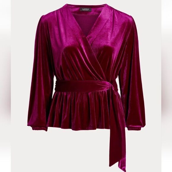 Lauren Ralph Lauren Velvet Wrap Blouse Top Surplice Tie Waist 3X Black Label Lux - Picture 4 of 15